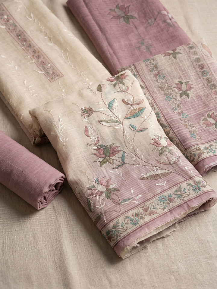 Neck Embroidered Linen Unstitched Suit With Dupatta