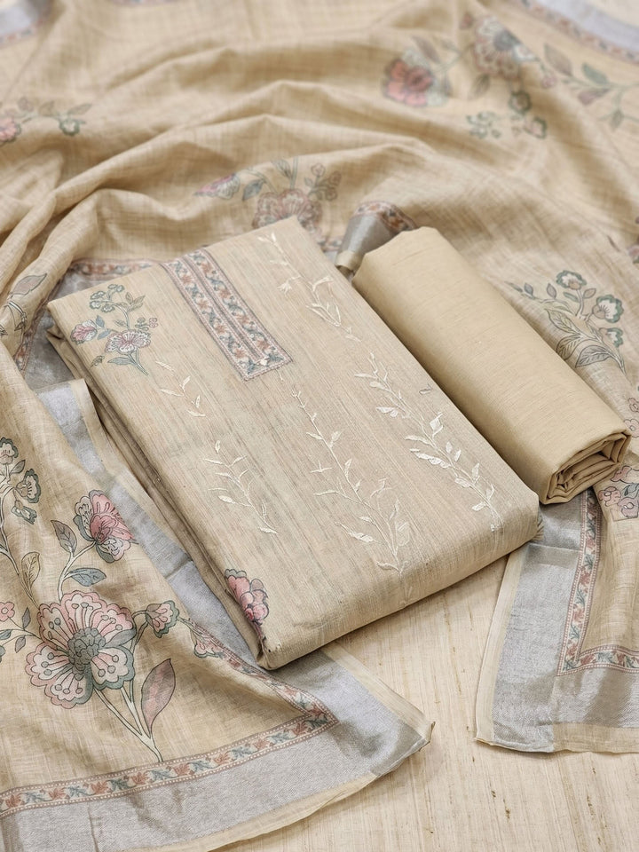 Embroidered Linen Unstitched Suit With Dupatta