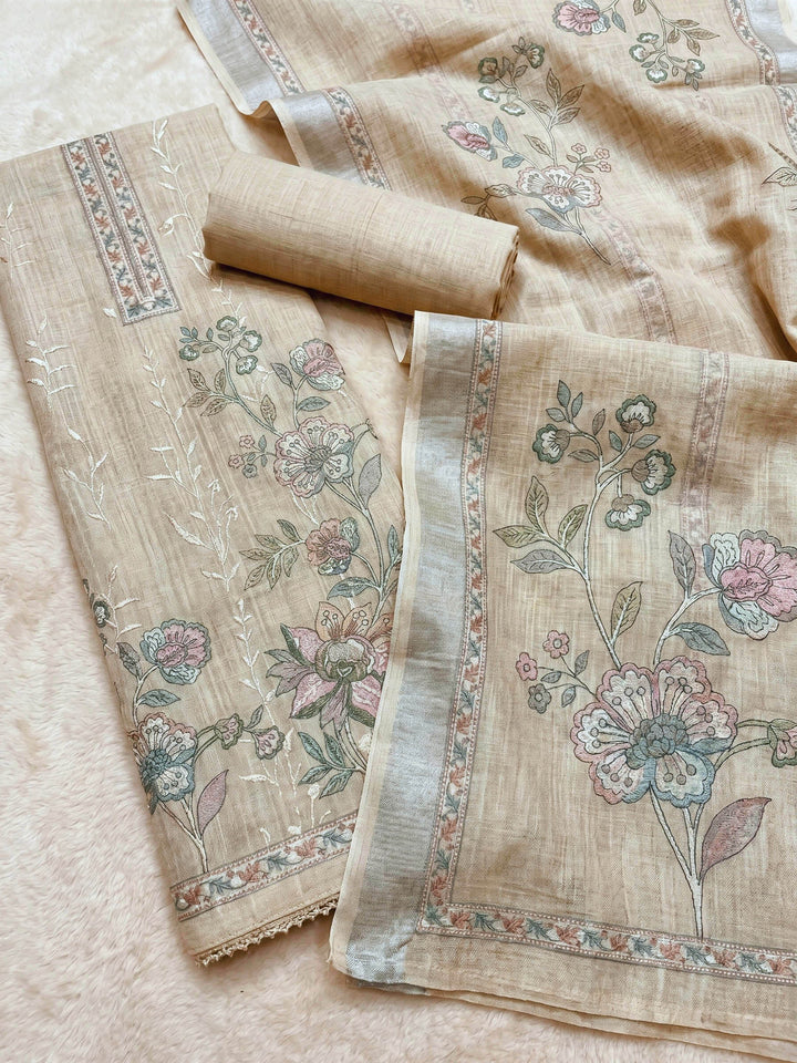 Embroidered Linen Unstitched Suit With Dupatta