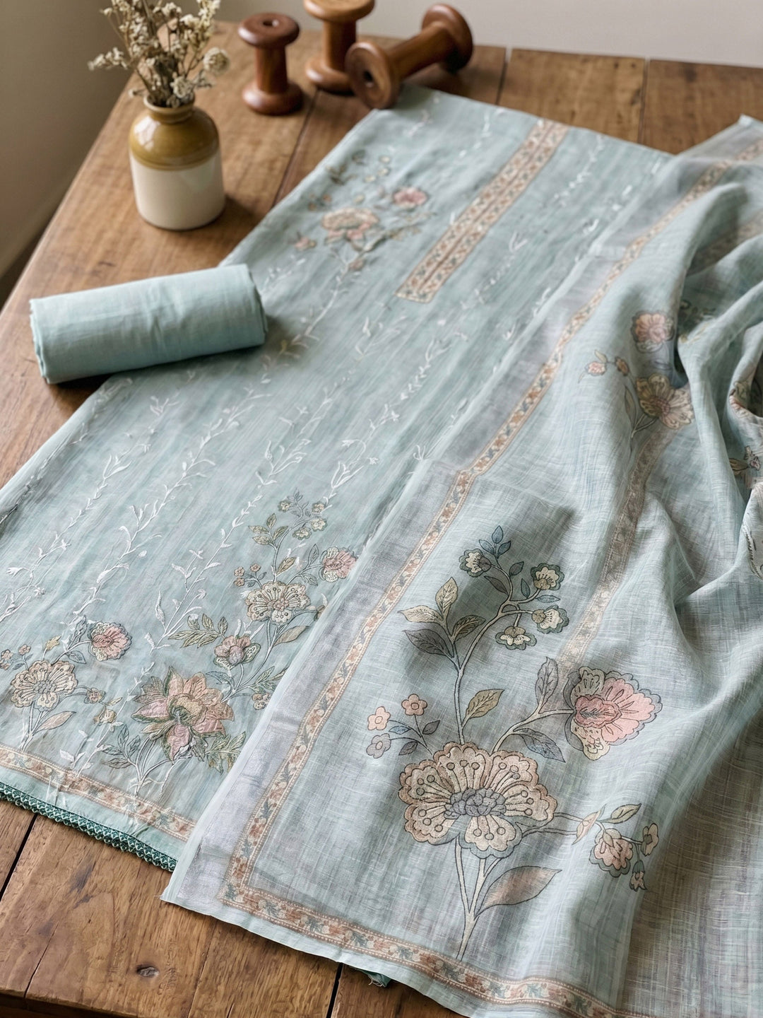 Embroidered Linen Unstitched Suit With Dupatta