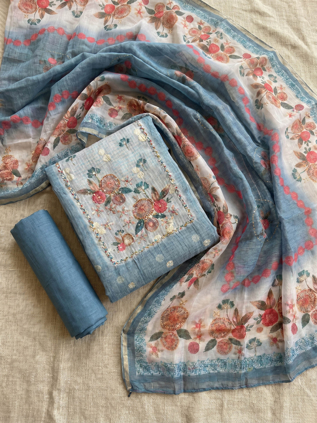 Printed Cotton Blend Unstitched Suit With Dupatta