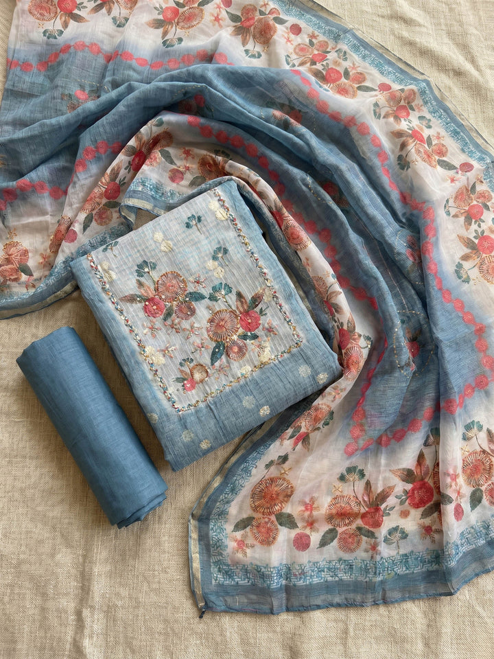 Printed Cotton Blend Unstitched Suit With Dupatta
