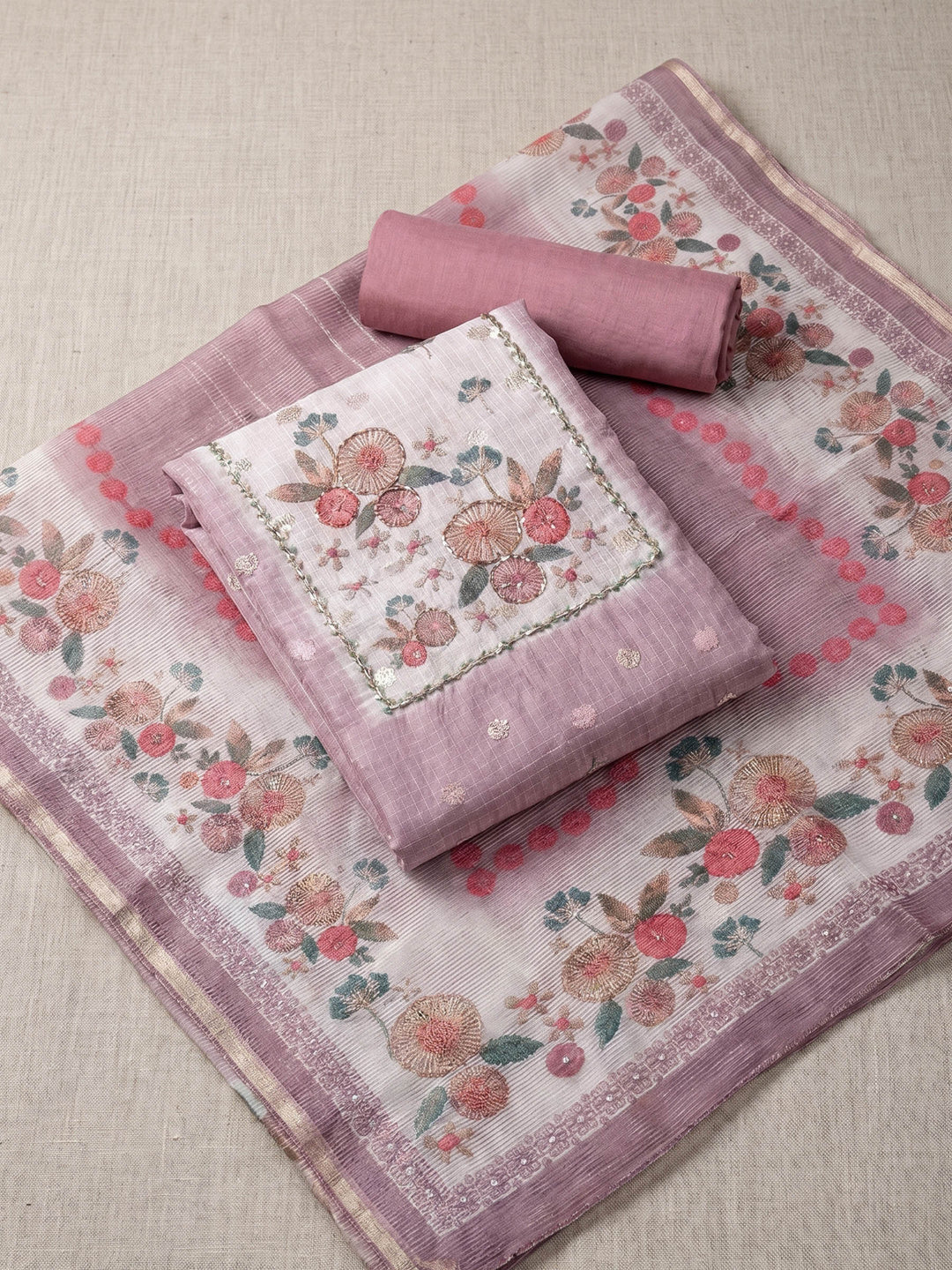 Printed Cotton Blend Unstitched Suit With Dupatta