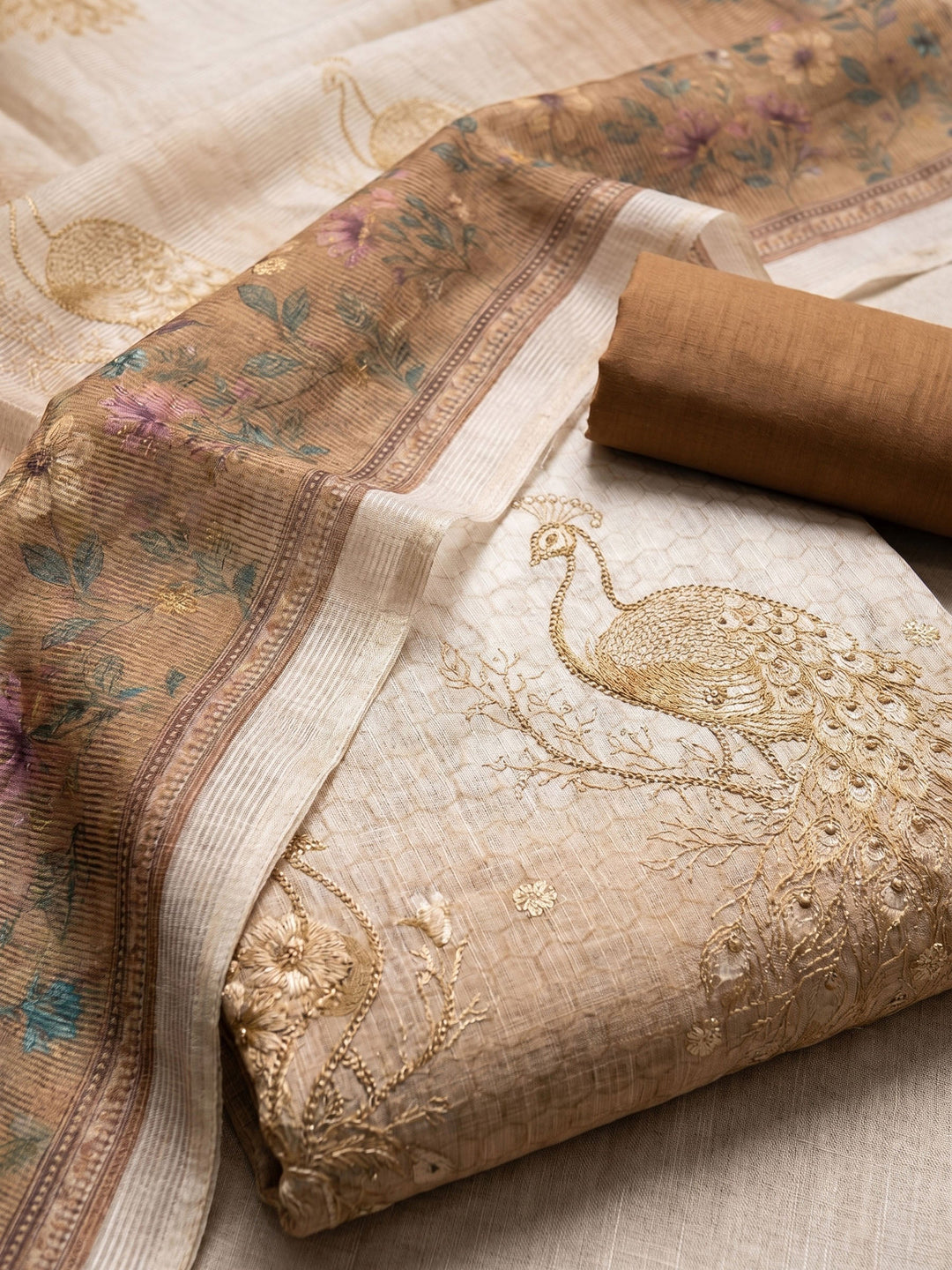Neck Embroidered Linen Unstitched Suit With Dupatta