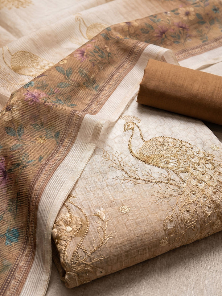Neck Embroidered Linen Unstitched Suit With Dupatta