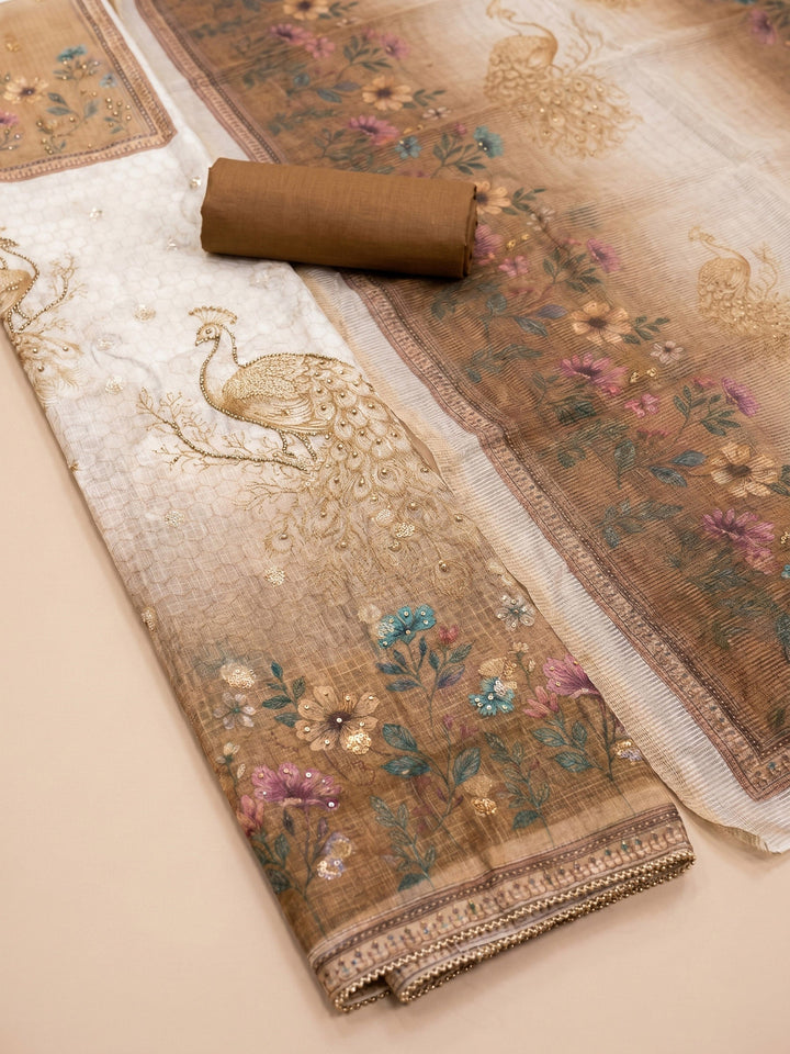 Neck Embroidered Linen Unstitched Suit With Dupatta