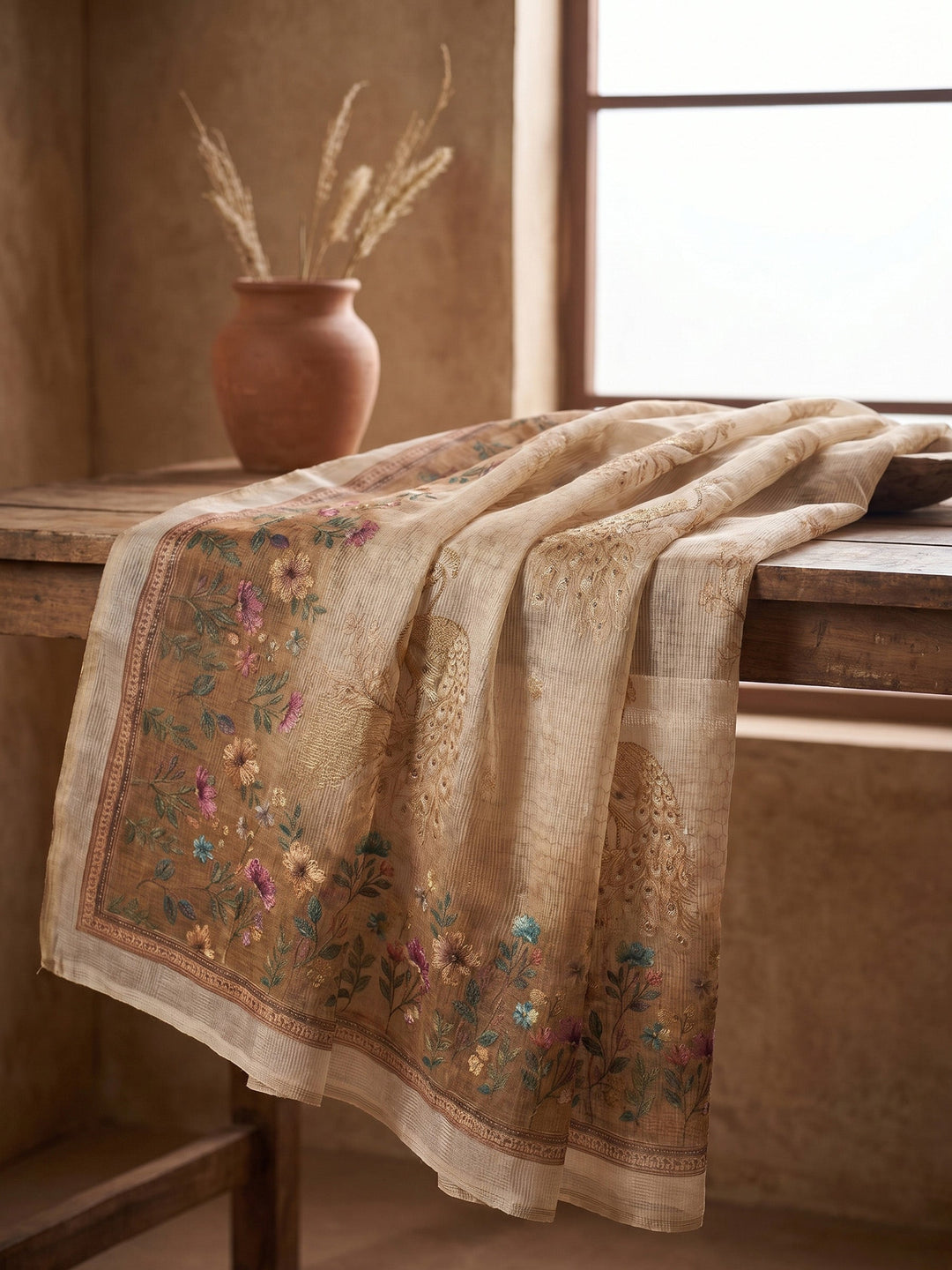 Neck Embroidered Linen Unstitched Suit With Dupatta