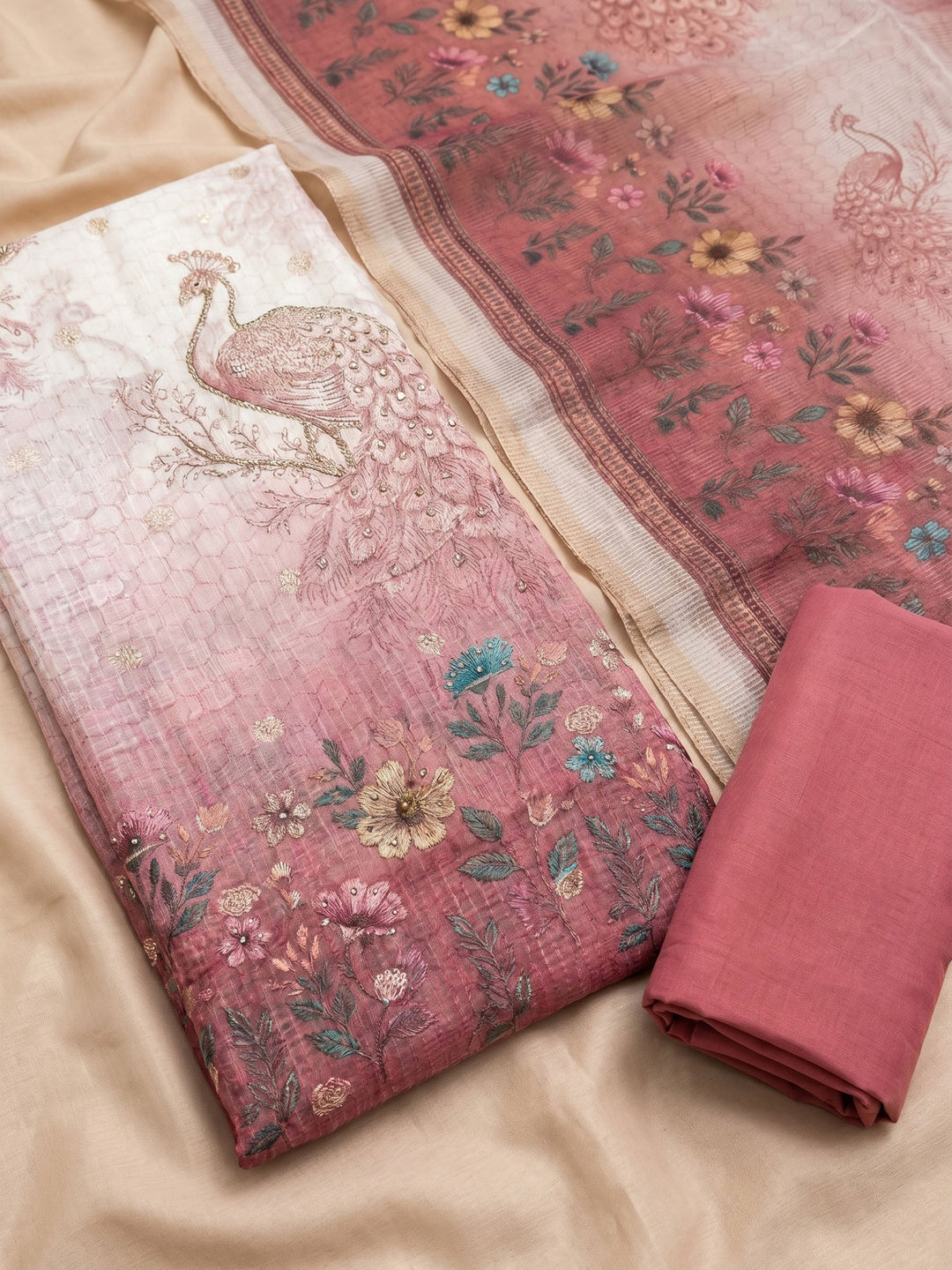 Neck Embroidered Linen Unstitched Suit With Dupatta