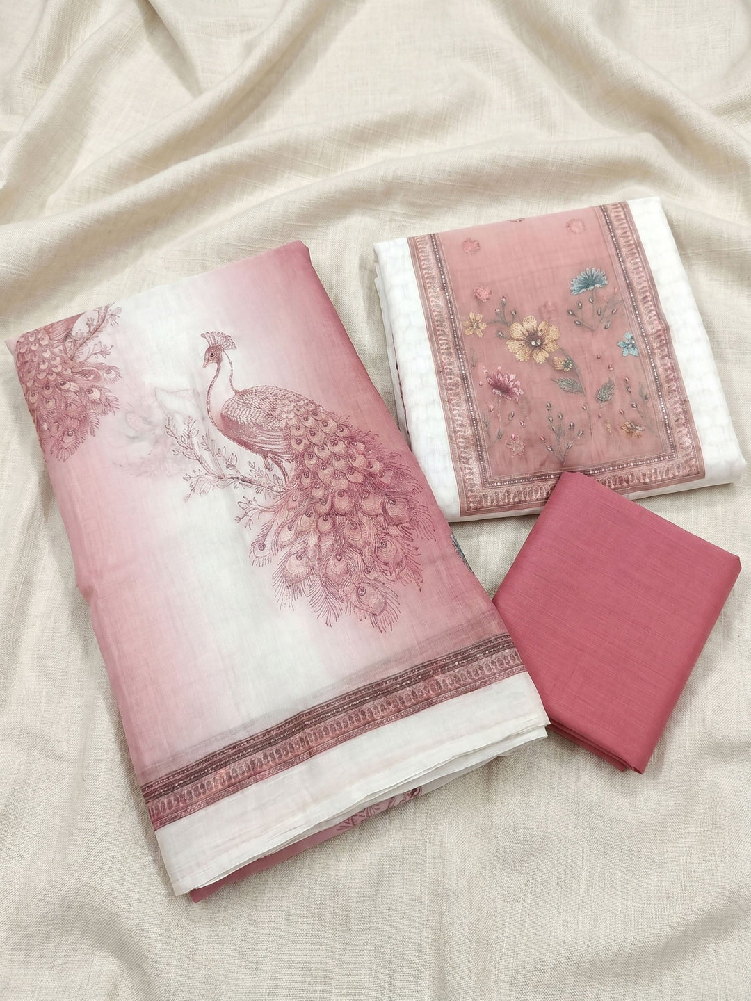 Neck Embroidered Linen Unstitched Suit With Dupatta
