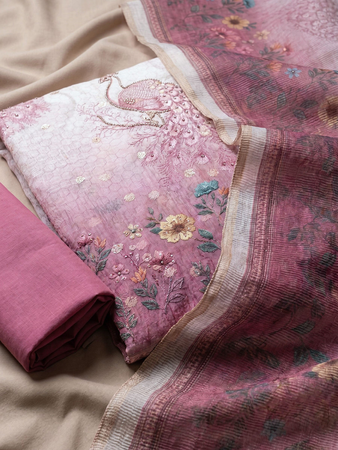 Neck Embroidered Linen Unstitched Suit With Dupatta
