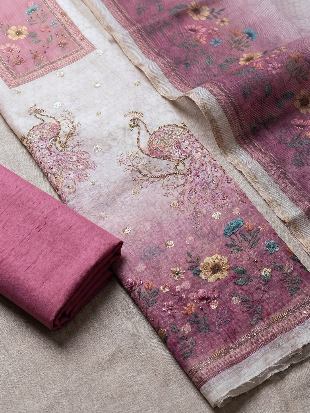 Neck Embroidered Linen Unstitched Suit With Dupatta