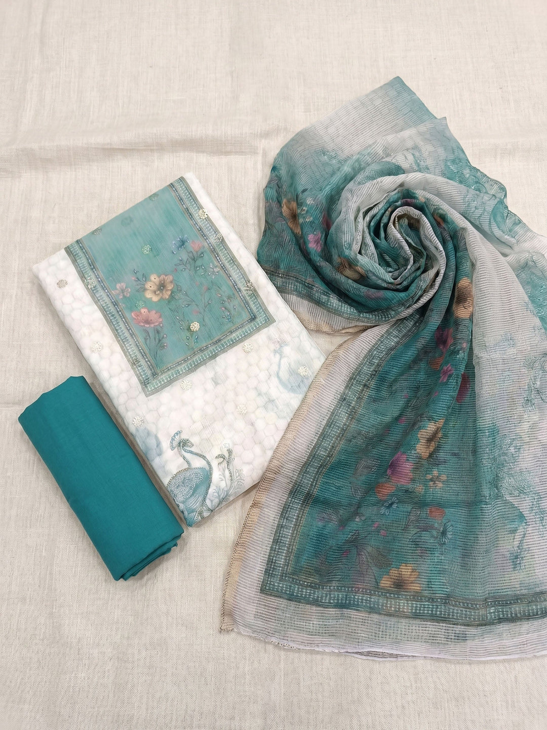 Neck Embroidered Linen Unstitched Suit With Dupatta