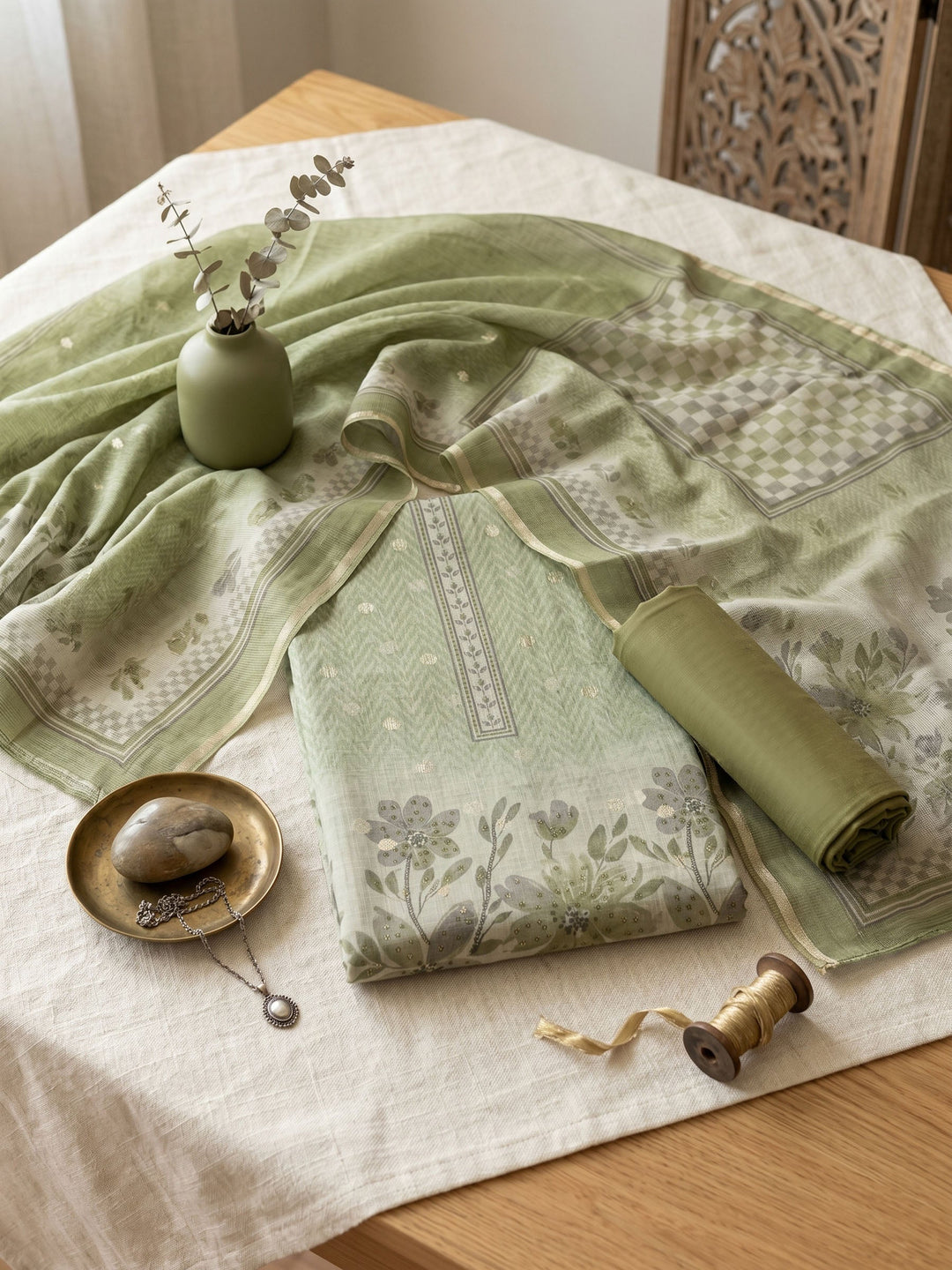 Printed Linen Unstitched Suit With Dupatta