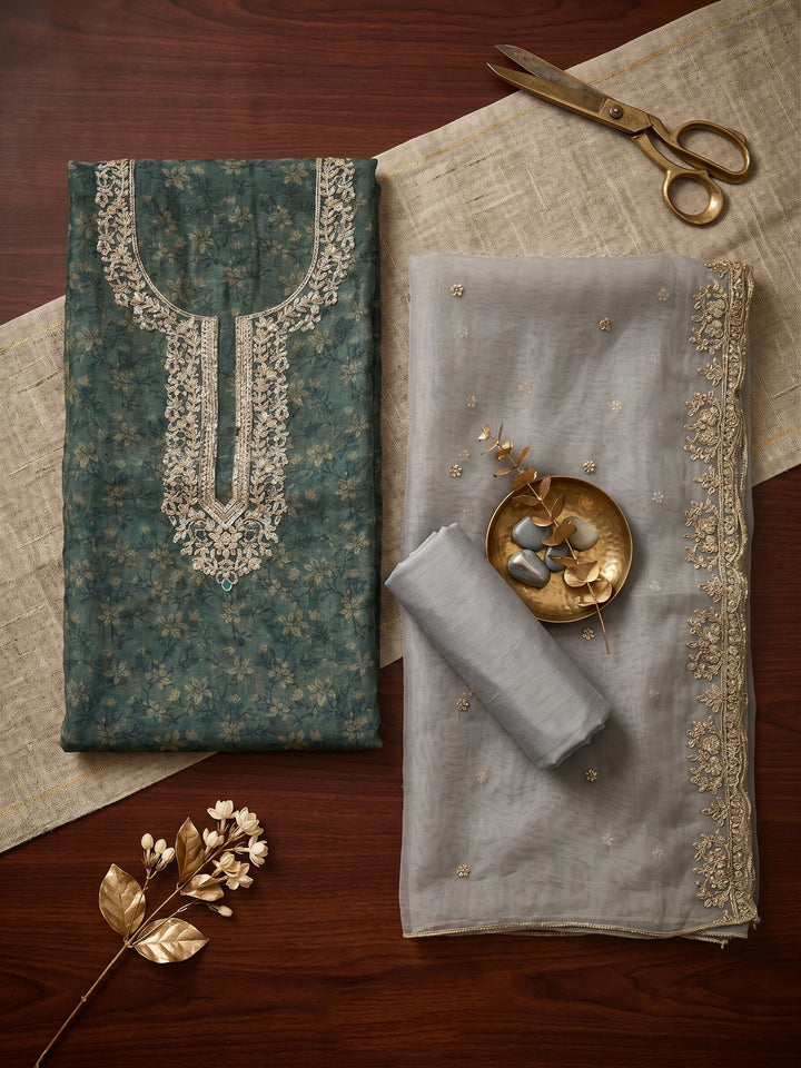 Neck Embroidered Organza Unstitched Suit With Dupatta