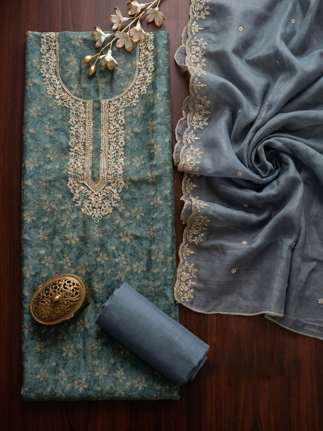 Neck Embroidered Organza Unstitched Suit With Dupatta