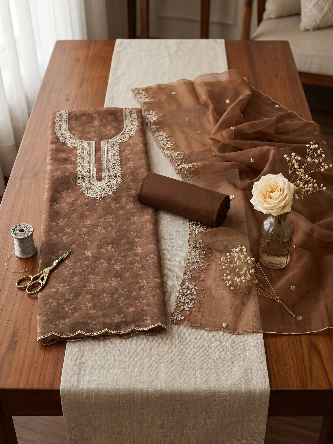Neck Embroidered Organza Unstitched Suit With Dupatta