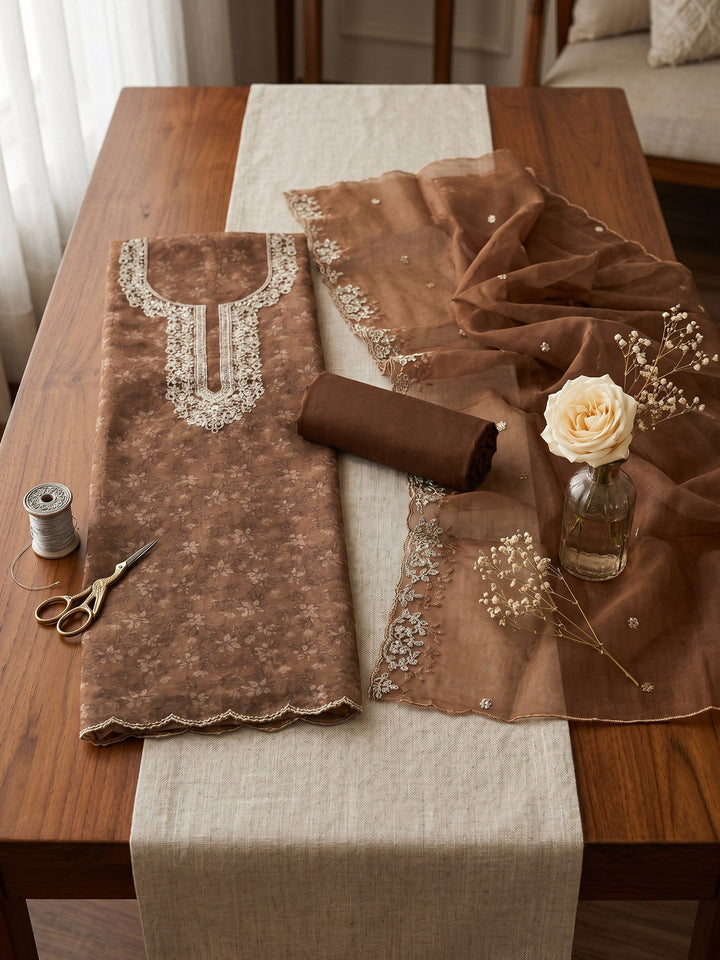 Neck Embroidered Organza Unstitched Suit With Dupatta
