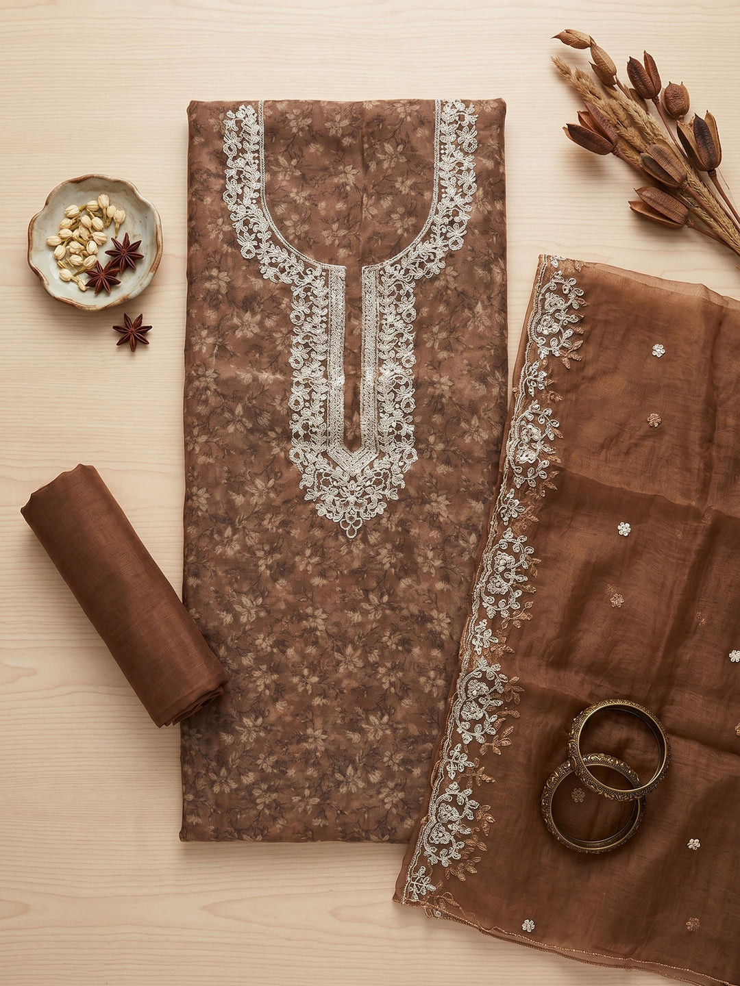 Neck Embroidered Organza Unstitched Suit With Dupatta