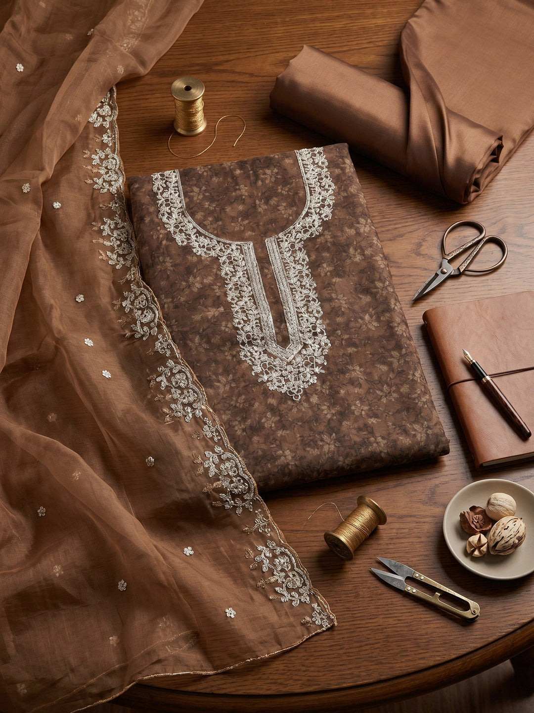Neck Embroidered Organza Unstitched Suit With Dupatta