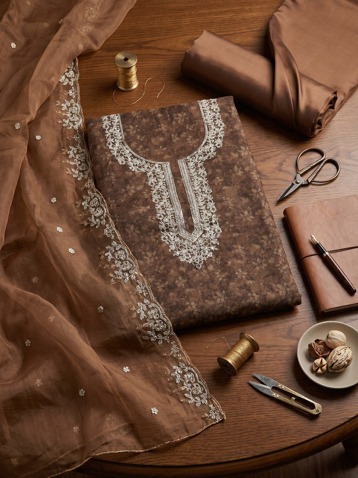 Neck Embroidered Organza Unstitched Suit With Dupatta