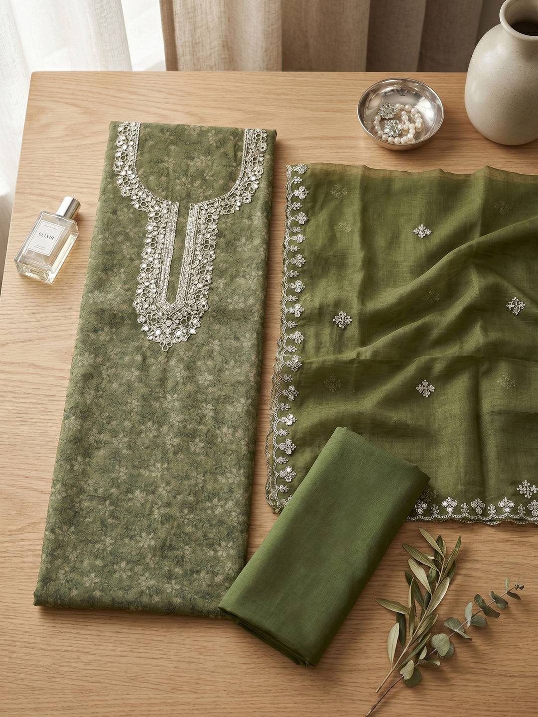 Neck Embroidered Organza Unstitched Suit With Dupatta