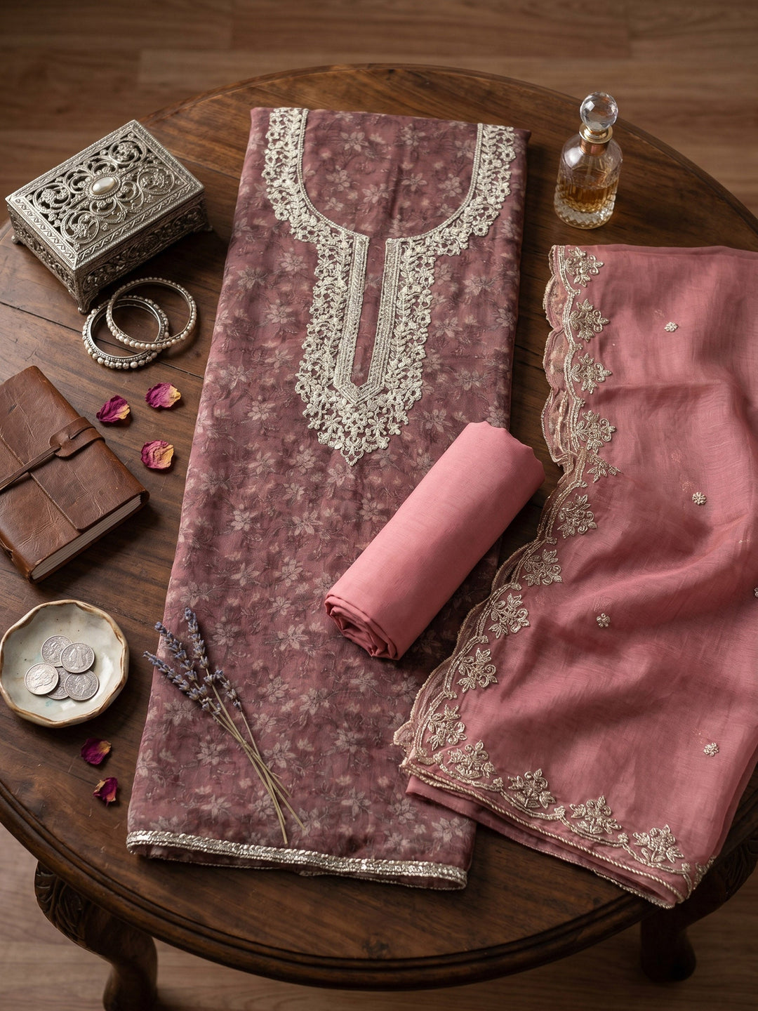 Neck Embroidered Organza Unstitched Suit With Dupatta
