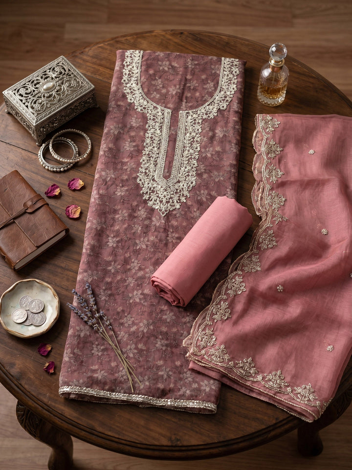 Neck Embroidered Organza Unstitched Suit With Dupatta