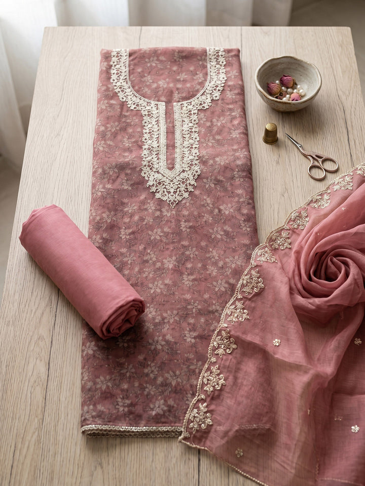 Neck Embroidered Organza Unstitched Suit With Dupatta