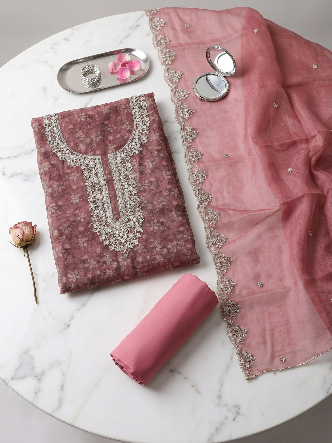 Neck Embroidered Organza Unstitched Suit With Dupatta
