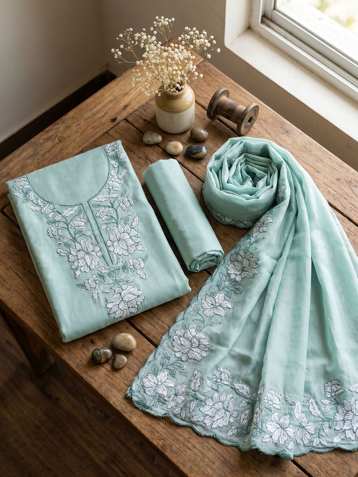 Neck Embroidered Chanderi Unstitched Suit With Dupatta