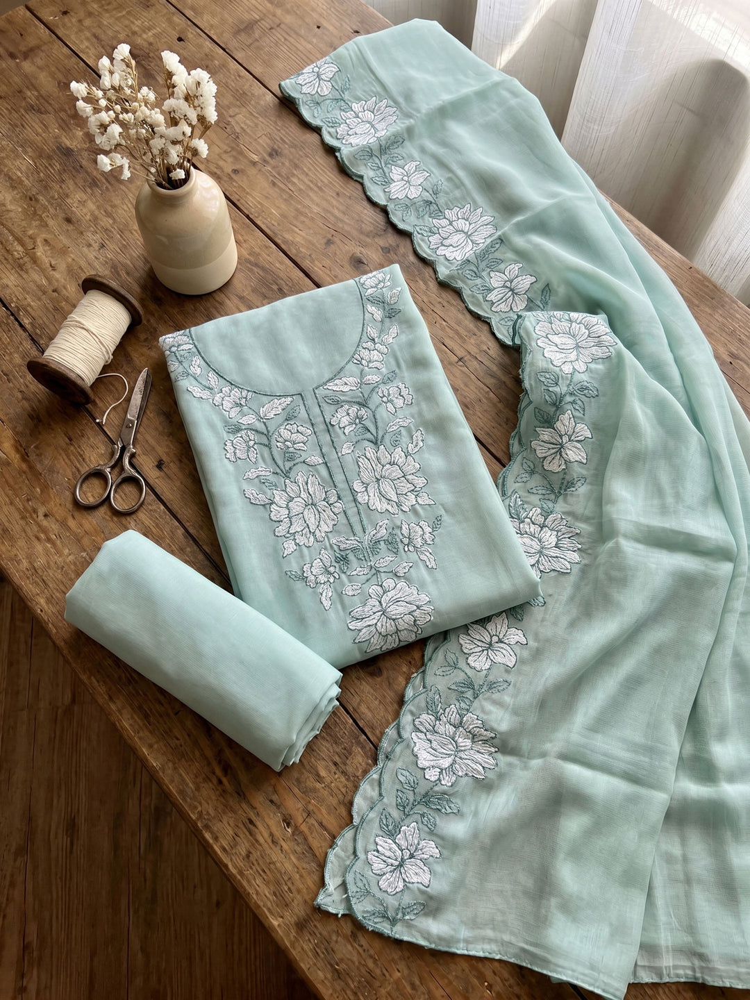 Neck Embroidered Chanderi Unstitched Suit With Dupatta