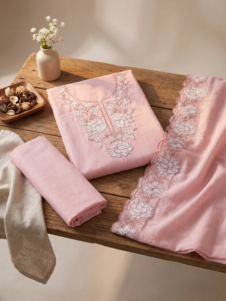 Neck Embroidered Chanderi Unstitched Suit With Dupatta