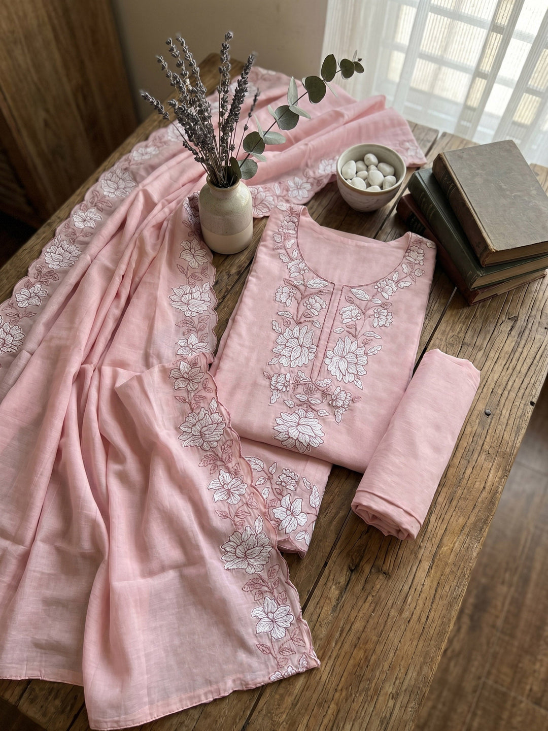 Neck Embroidered Chanderi Unstitched Suit With Dupatta