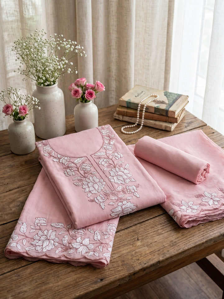 Neck Embroidered Chanderi Unstitched Suit With Dupatta