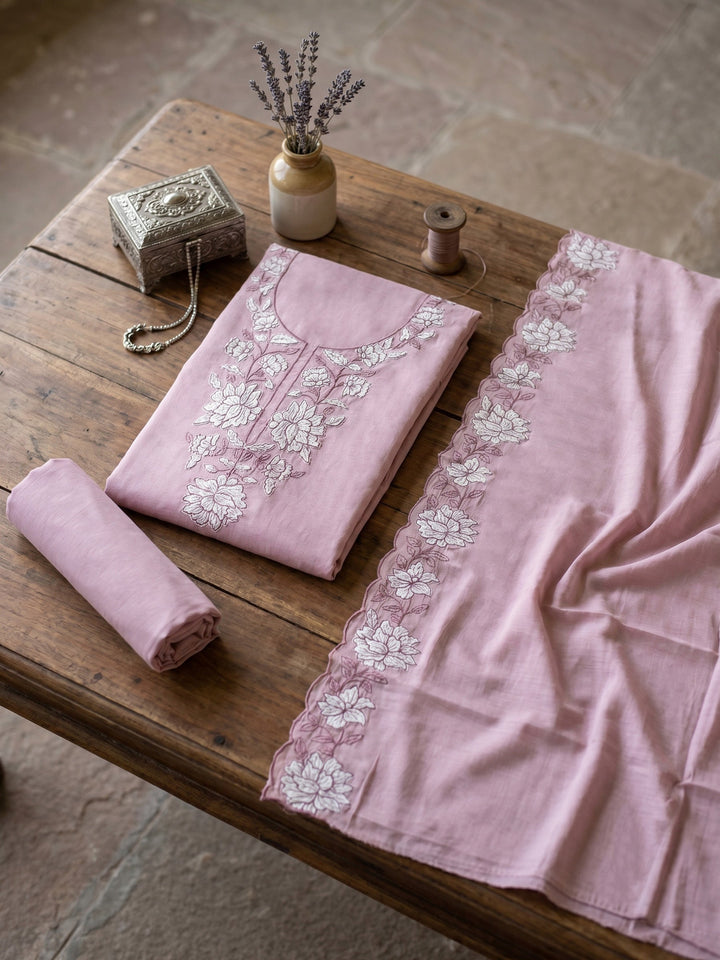 Neck Embroidered Chanderi Unstitched Suit With Dupatta