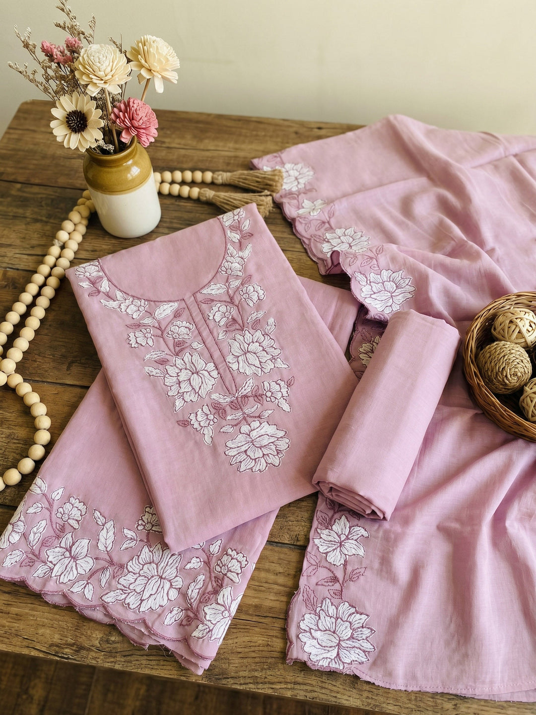 Neck Embroidered Chanderi Unstitched Suit With Dupatta