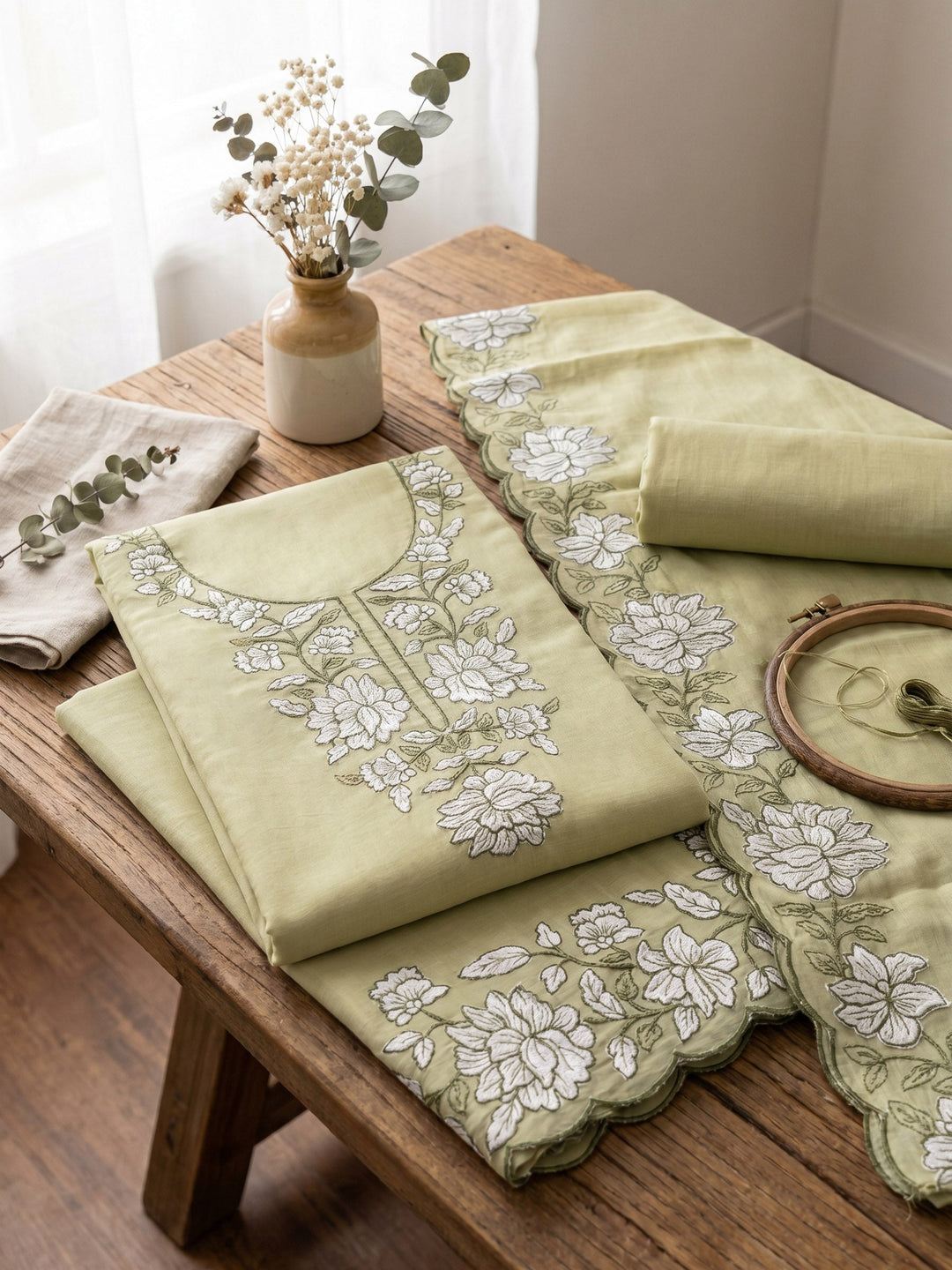 Neck Embroidered Chanderi Unstitched Suit With Dupatta
