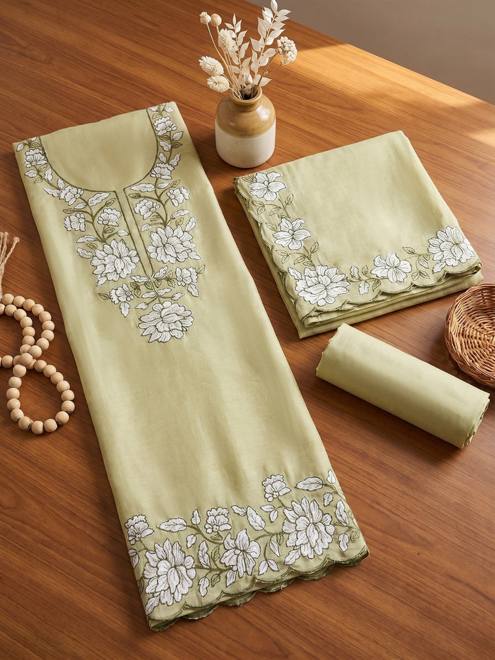 Neck Embroidered Chanderi Unstitched Suit With Dupatta