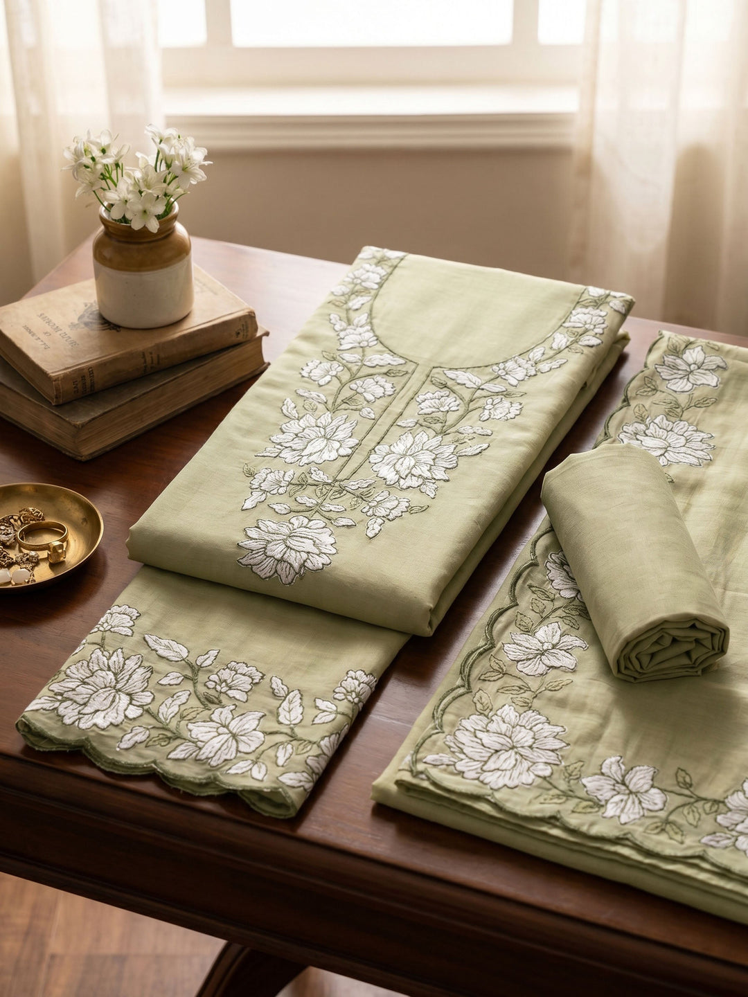 Neck Embroidered Chanderi Unstitched Suit With Dupatta