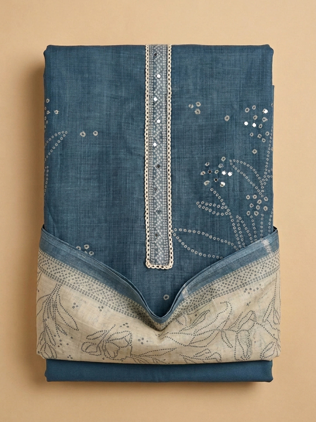 Blue Printed Linen Blend Unstitched Suit &amp; Pant With Linen Dupatta