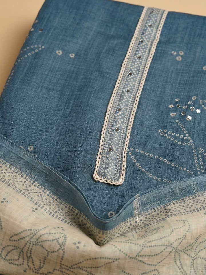 Blue Printed Linen Blend Unstitched Suit &amp; Pant With Linen Dupatta