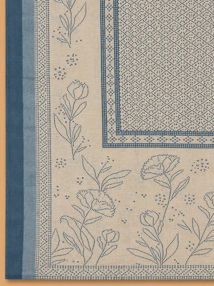 Blue Printed Linen Blend Unstitched Suit &amp; Pant With Linen Dupatta