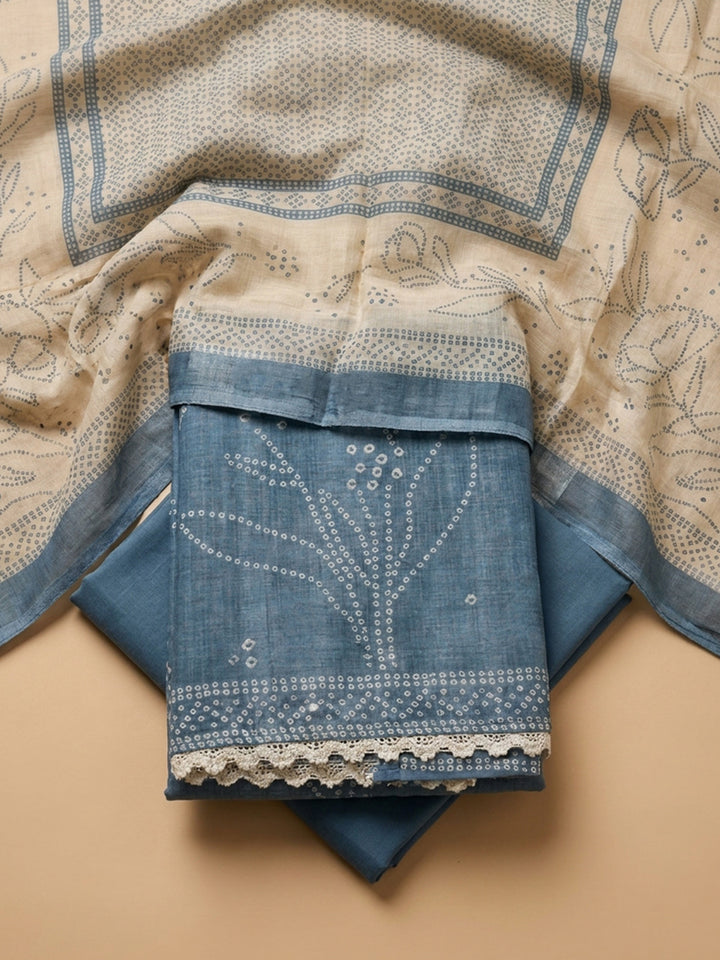 Blue Printed Linen Blend Unstitched Suit &amp; Pant With Linen Dupatta