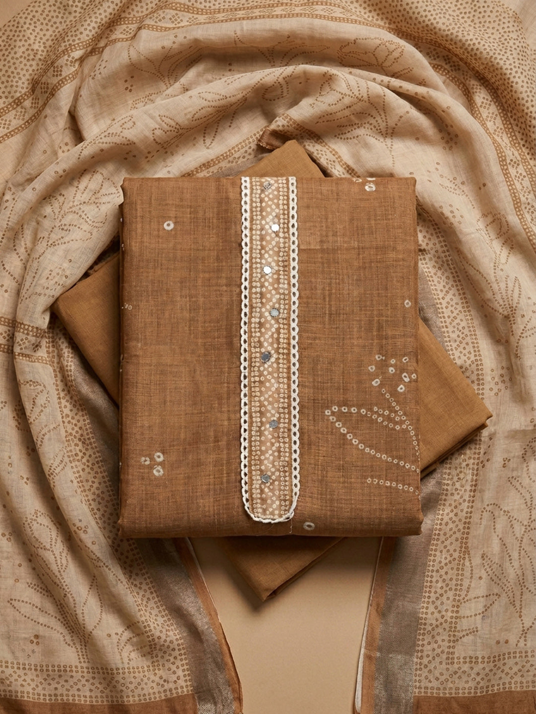 Brown Printed Linen Blend Unstitched Suit &amp; Pant With Linen Dupatta
