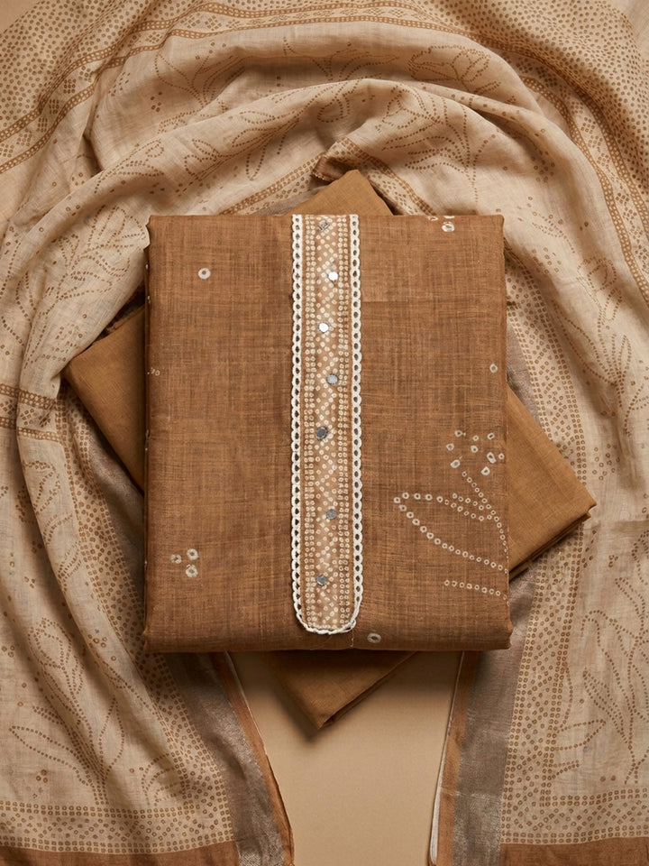 Brown Printed Linen Blend Unstitched Suit &amp; Pant With Linen Dupatta