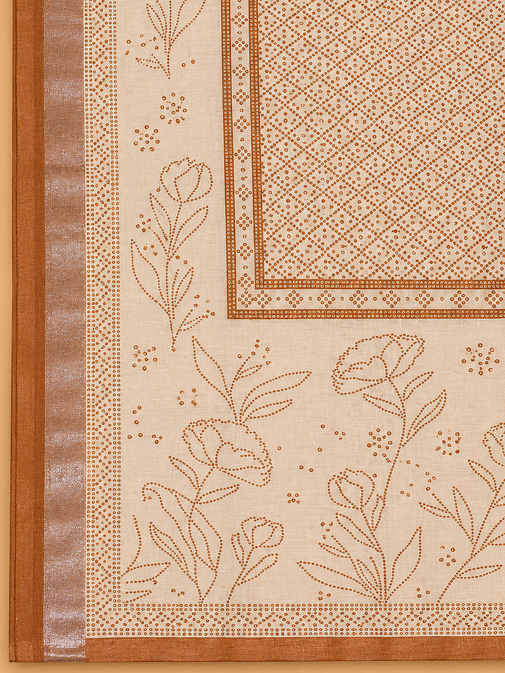 Brown Printed Linen Blend Unstitched Suit &amp; Pant With Linen Dupatta