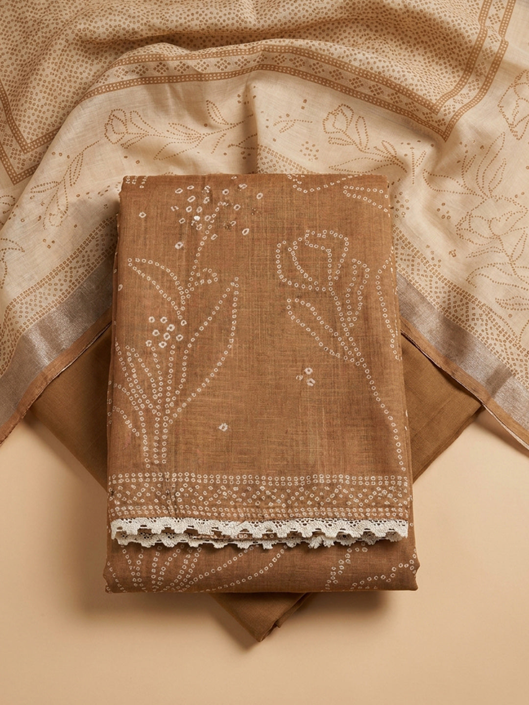 Brown Printed Linen Blend Unstitched Suit &amp; Pant With Linen Dupatta