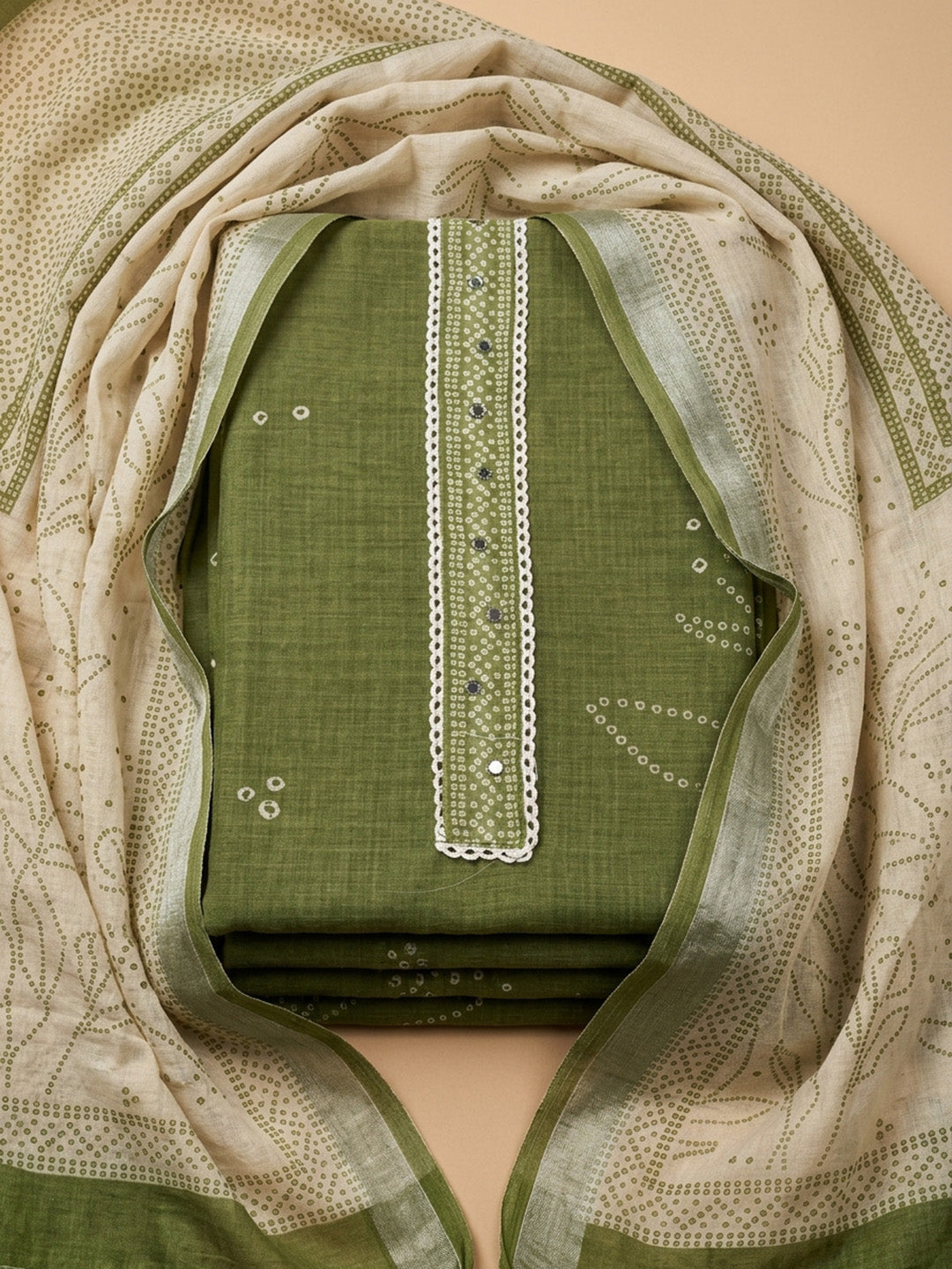 Green Printed Linen Blend Unstitched Suit &amp; Pant With Linen Dupatta