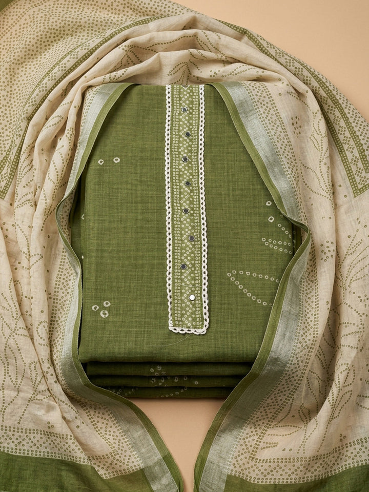 Green Printed Linen Blend Unstitched Suit &amp; Pant With Linen Dupatta