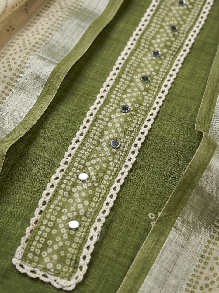 Green Printed Linen Blend Unstitched Suit &amp; Pant With Linen Dupatta
